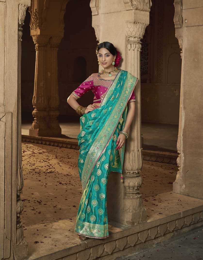 Teal Blue Pure Satin Designer Saree with Lace Border & Heavy Embroidered Contrast Blouse | Party & Traditional Wear
