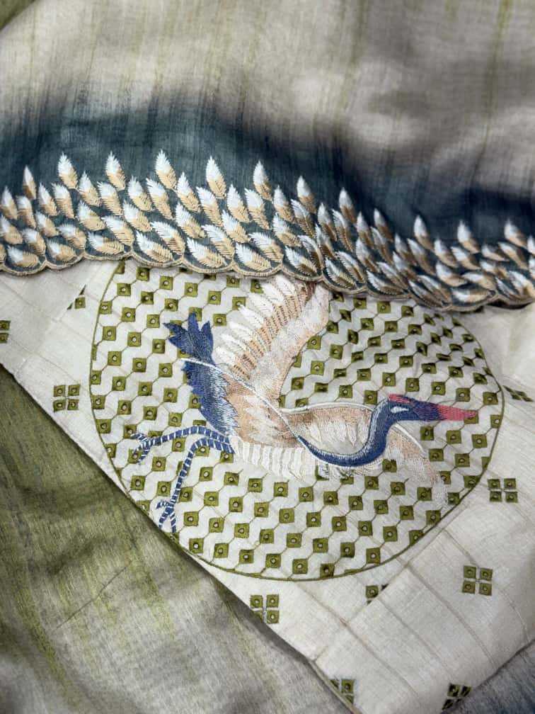 Mehndi Flamingo Embroidered Tussar Silk Designer Saree with Digital Print & Thread Work Blouse | House of ViDi