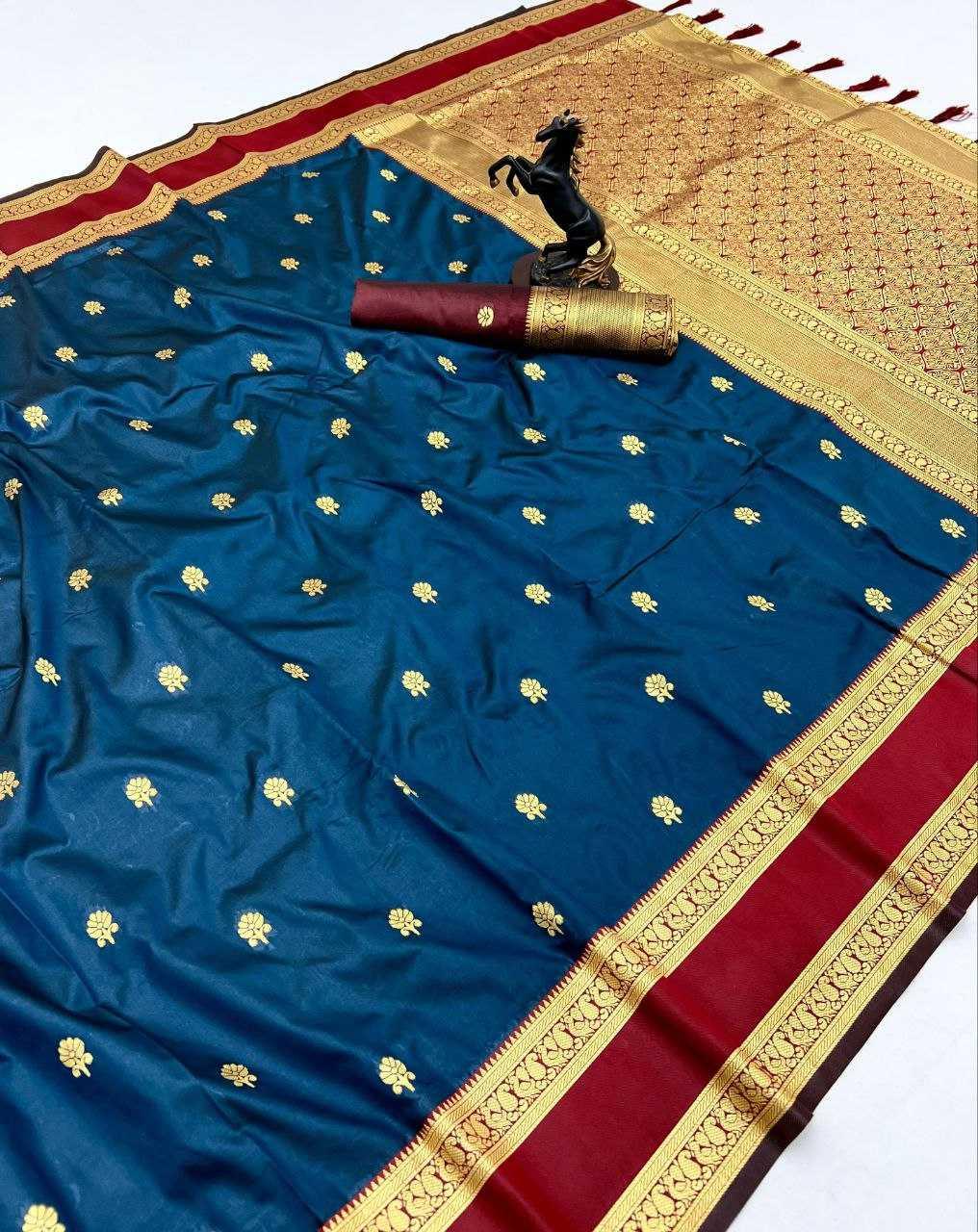 Navy Blue Premium Soft Silk Kanjeevaram Saree with Dual Zari Butta, Rich Woven Pallu & Designer Silk Blouse - House of ViDi