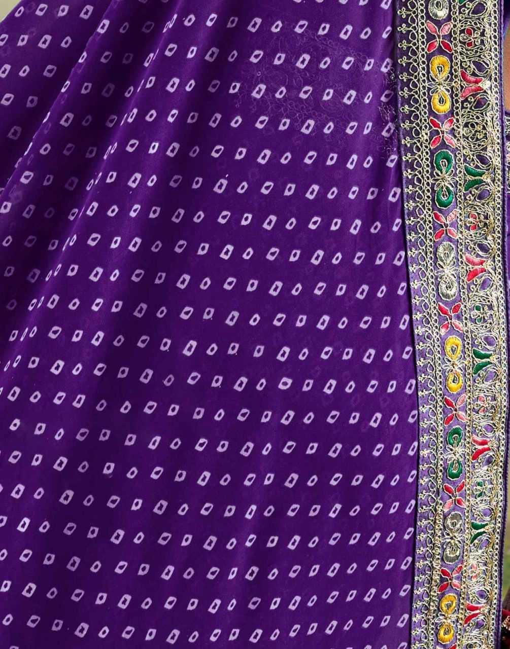 Purple Printed Georgette Saree with Embroidery Lace Border & Designer Blouse - House of ViDi