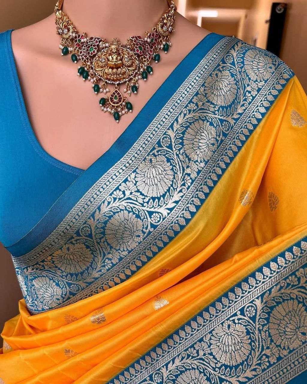 Mustard Pure Soft Banarasi Silk Saree with Mina Work, Butti Weaving & Rich Contrast Border | Designer Party Wear Saree - House of ViDi
