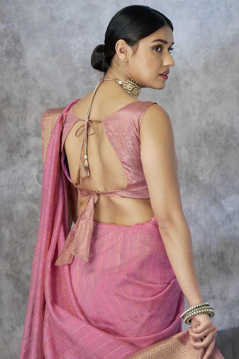 Light Pink Pure Khadi Cotton Handloom Saree with Rich Pallu & Tassel Detailing | Designer Traditional Saree - House of ViDi