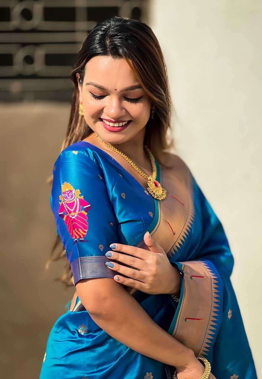 Vitthala Paithani Silk Saree with Muniya Border & Brocade Blouse – Traditional Wedding & Festive Wear [Peacock Blue] - House of ViDi