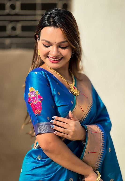 Vitthala Paithani Silk Saree with Muniya Border & Brocade Blouse – Traditional Wedding & Festive Wear [Peacock Blue] - House of ViDi