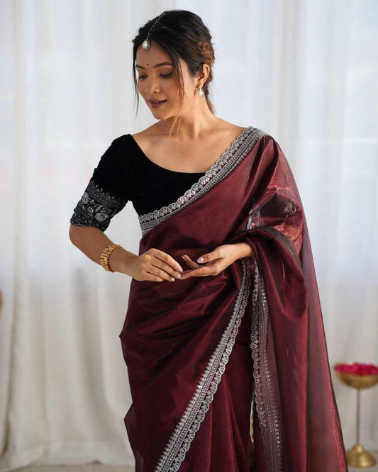 Elegant Lilac Twill Net Saree with 3mm Sequins & Rich Gold Zari Work [Violet] - House of ViDi