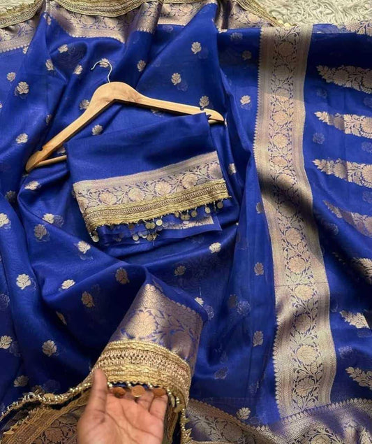 Blue Banarasi Soft Tissue Silk Saree with Zari Weaving & Coin Lace – Elegant Wedding Wear Saree - House of ViDi