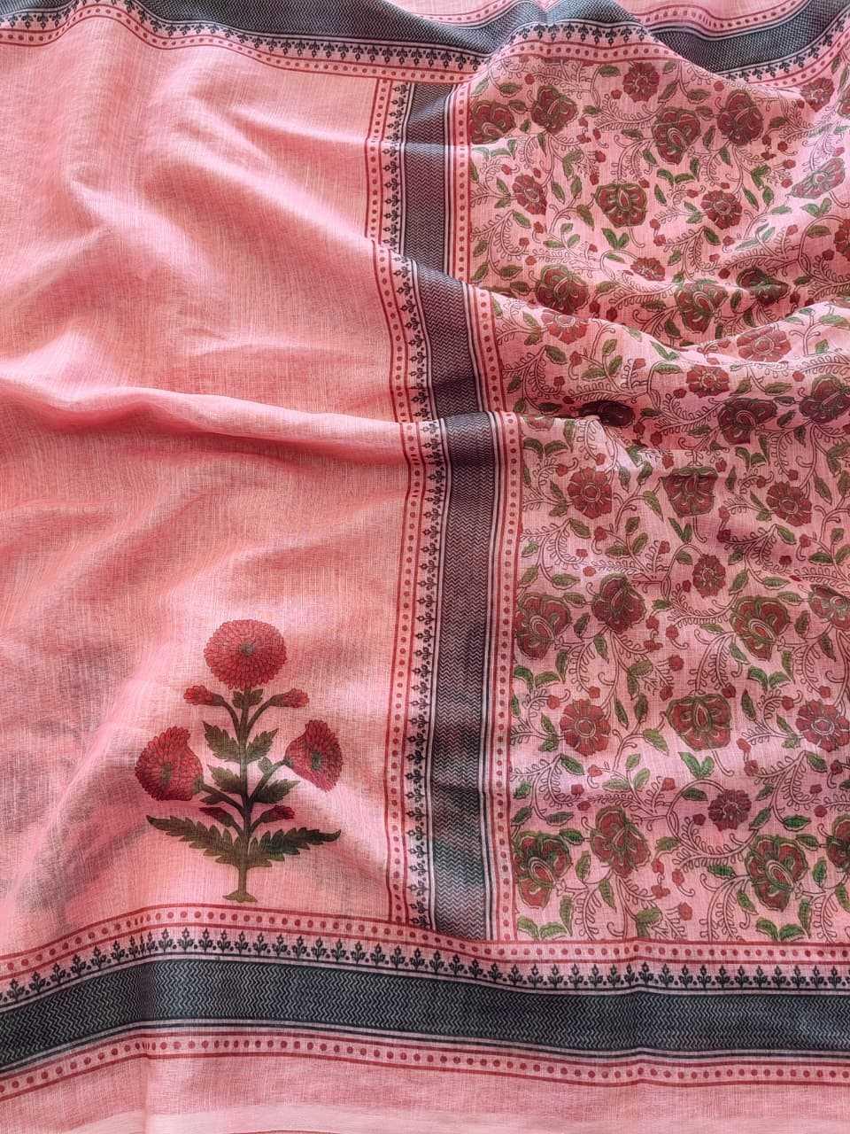 Printed Linen Festive Saree with Digital Blouse [Blush Pink] - House of ViDi