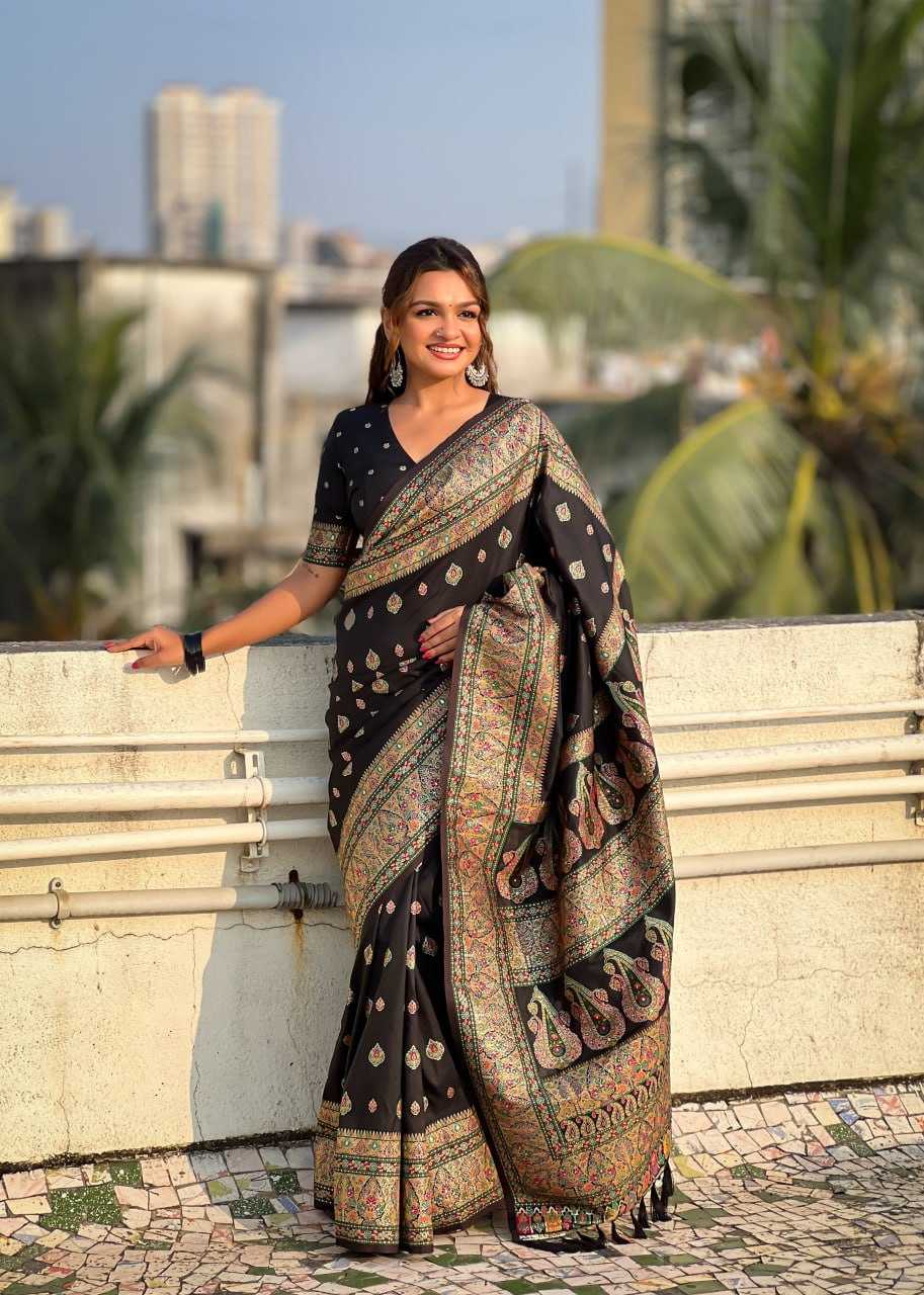 Luxury Pashmina Silk Saree with Golden Zari Work - Traditional Indian Wedding Saree with Unstitched Blouse Piece [Black] - House of ViDi