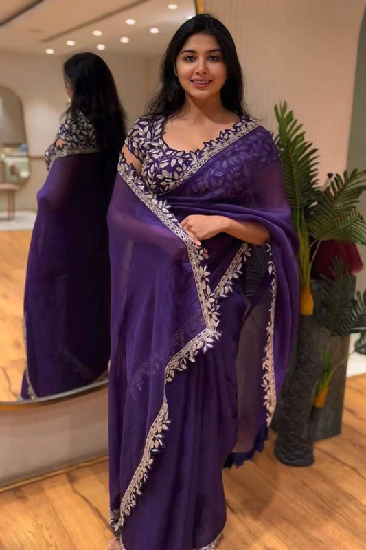 Purple Rangoli Silk Party Wear Designer Saree with Golden Zari Embroidery Border & Stitched Blouse