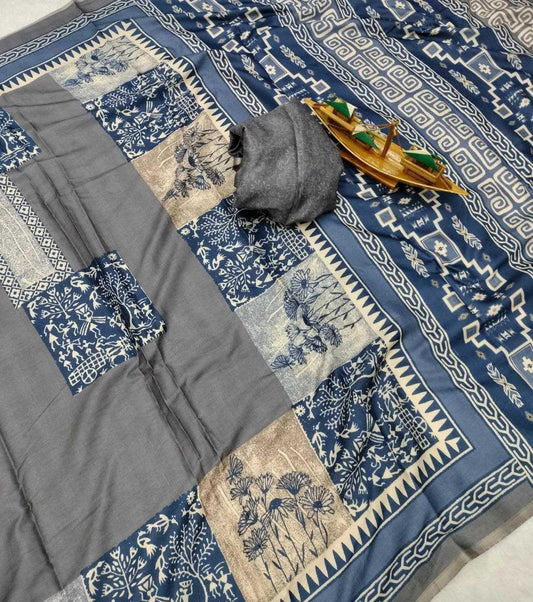 Blue Warli x Kalamkari Edition Soft Silk Saree with Designer Pallu & Zari Border – Premium Soft Silk Saree - House of ViDi