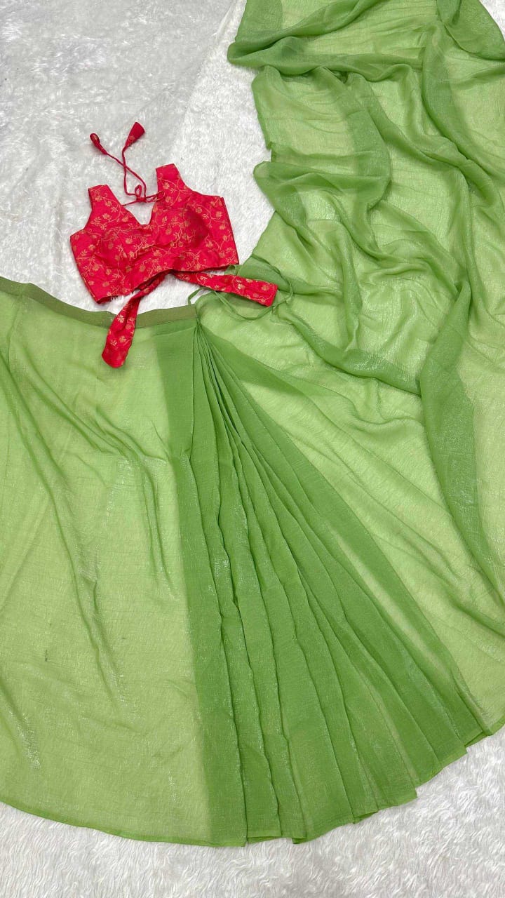 Pista Green Sparkle Silk Ready-to-Wear Saree with Banarasi Blouse | House of ViDi