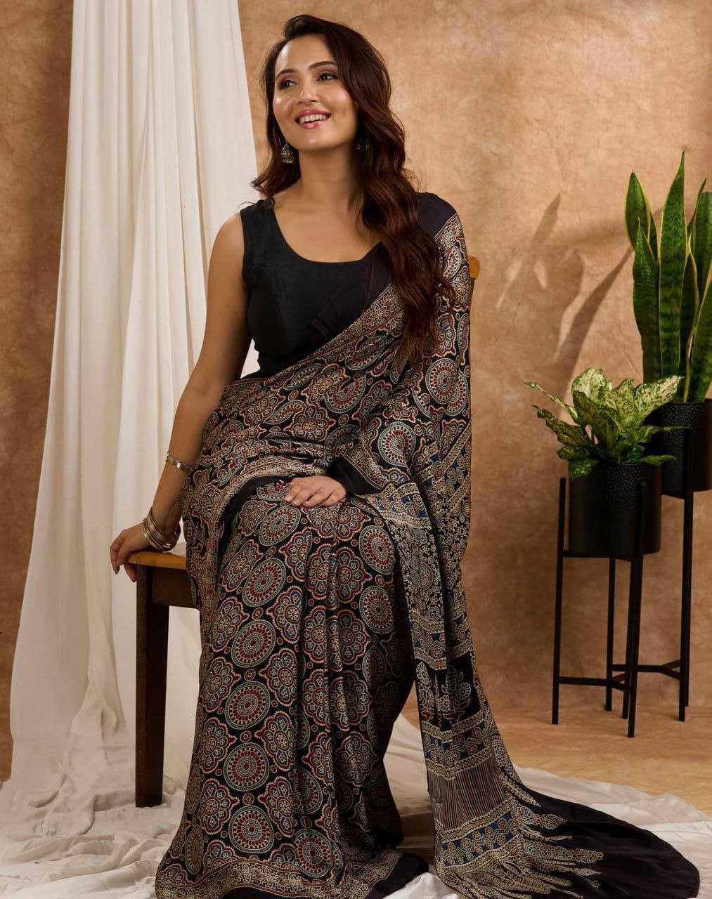 Party Wear Semi Gajji Silk Ajrakh Printed Saree with Rich Pallu & Blouse - House of ViDi