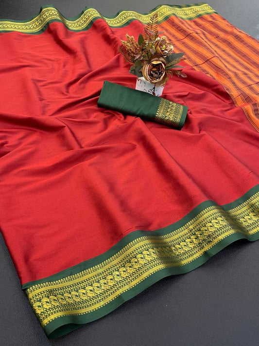 Red Aura Cotton Designer Saree with Rich Border & Chitt Pallu – Festive & Elegant Wear