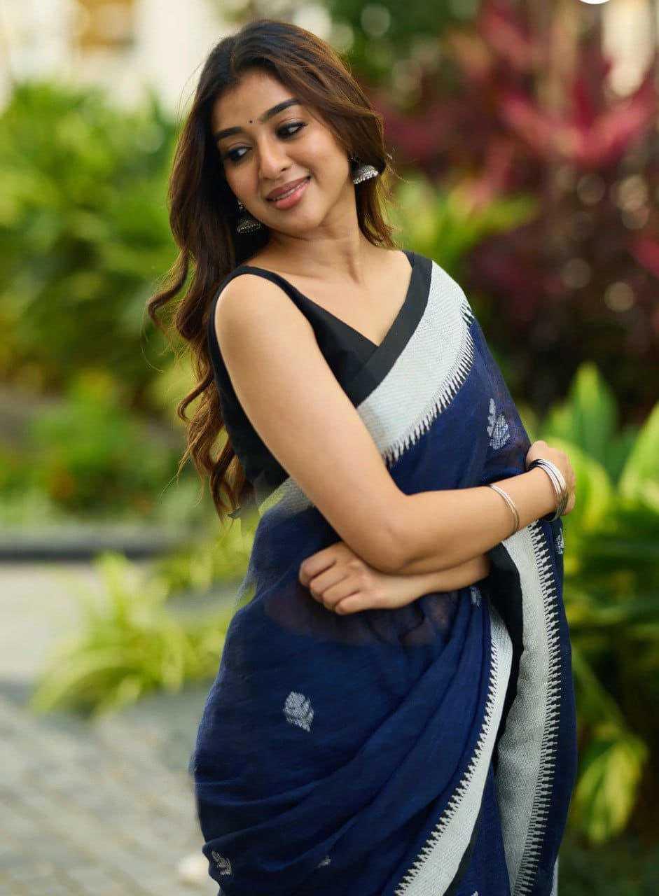 Navy Blue Premium Linen Cotton Digital Print Saree with Matching Blouse - House of ViDi