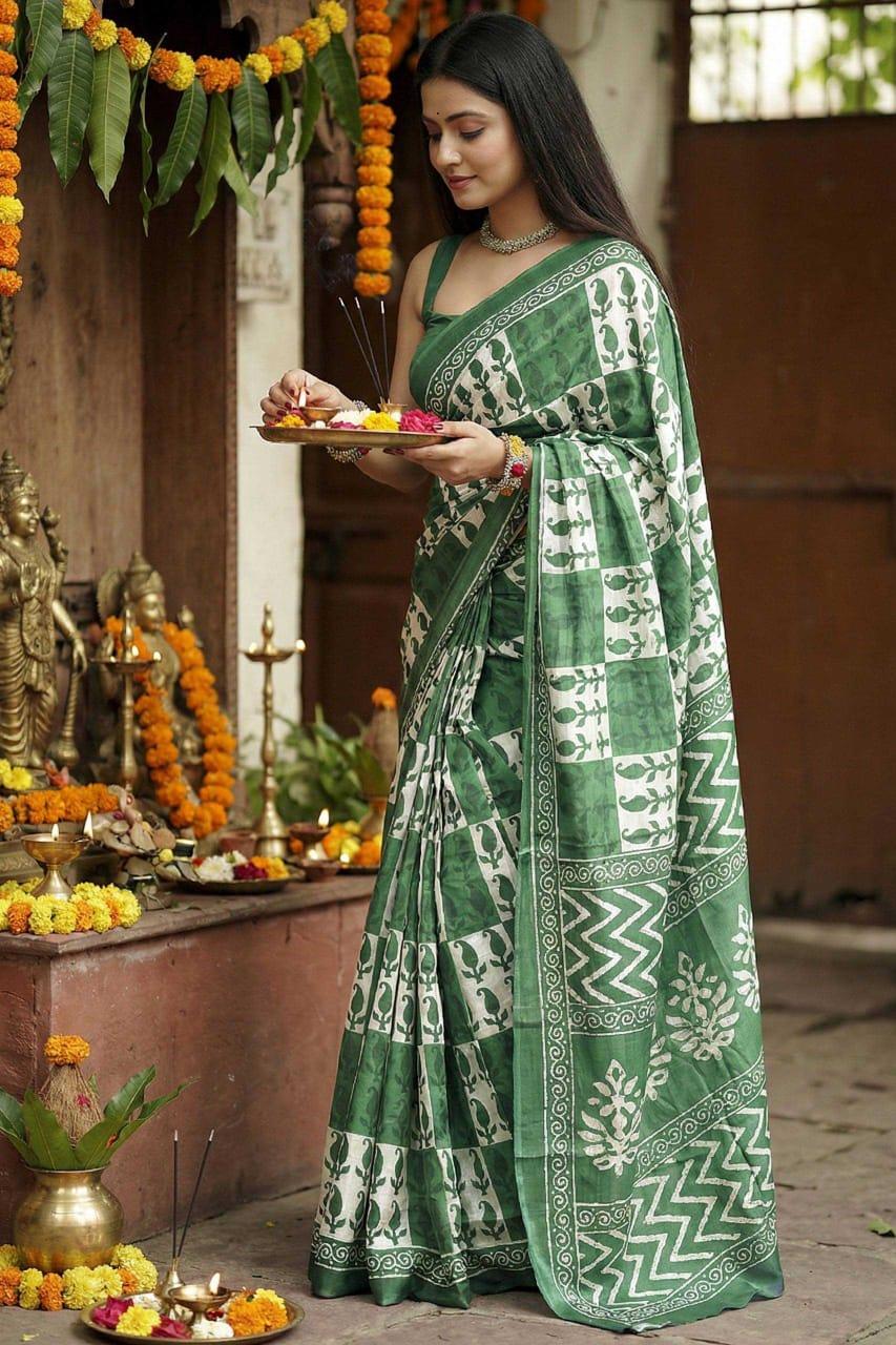 Green Ajrakh Bagru Block Print Cotton Mulmul Saree with Blouse | House of ViDi - House of ViDi