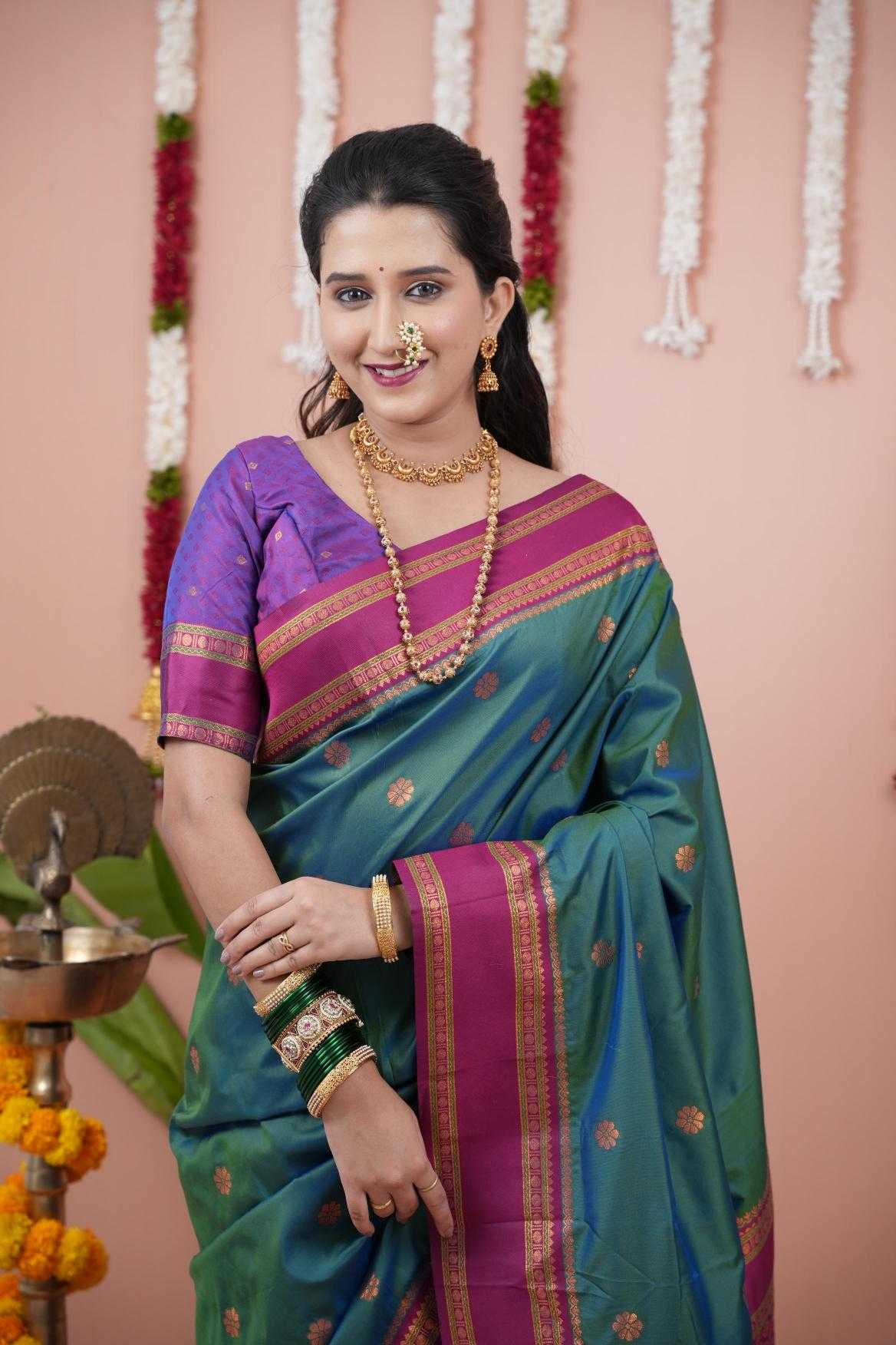 Narayanpet Soft Silk Saree with Zari Motifs & Contrast Pallu – Narayan Border & Contrast Blouse [Rama] - House of ViDi