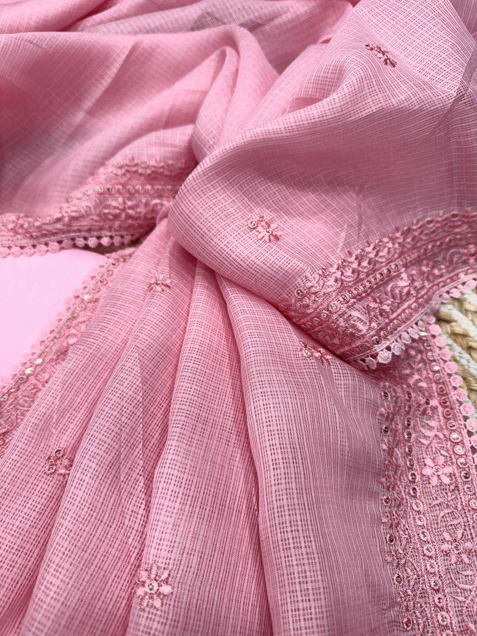 Soft Pink Kota Chex Designer Saree with Sequins & Thread Embroidery | Party Wear Saree | House of ViDi