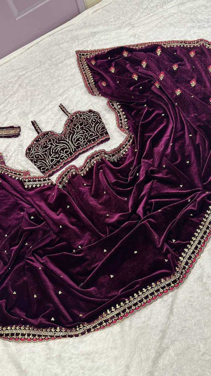 Wine Velvet Saree with Sequins, Dori & Thread Work + Velvet Blouse & Belt | Party Wear Saree | House of ViDi