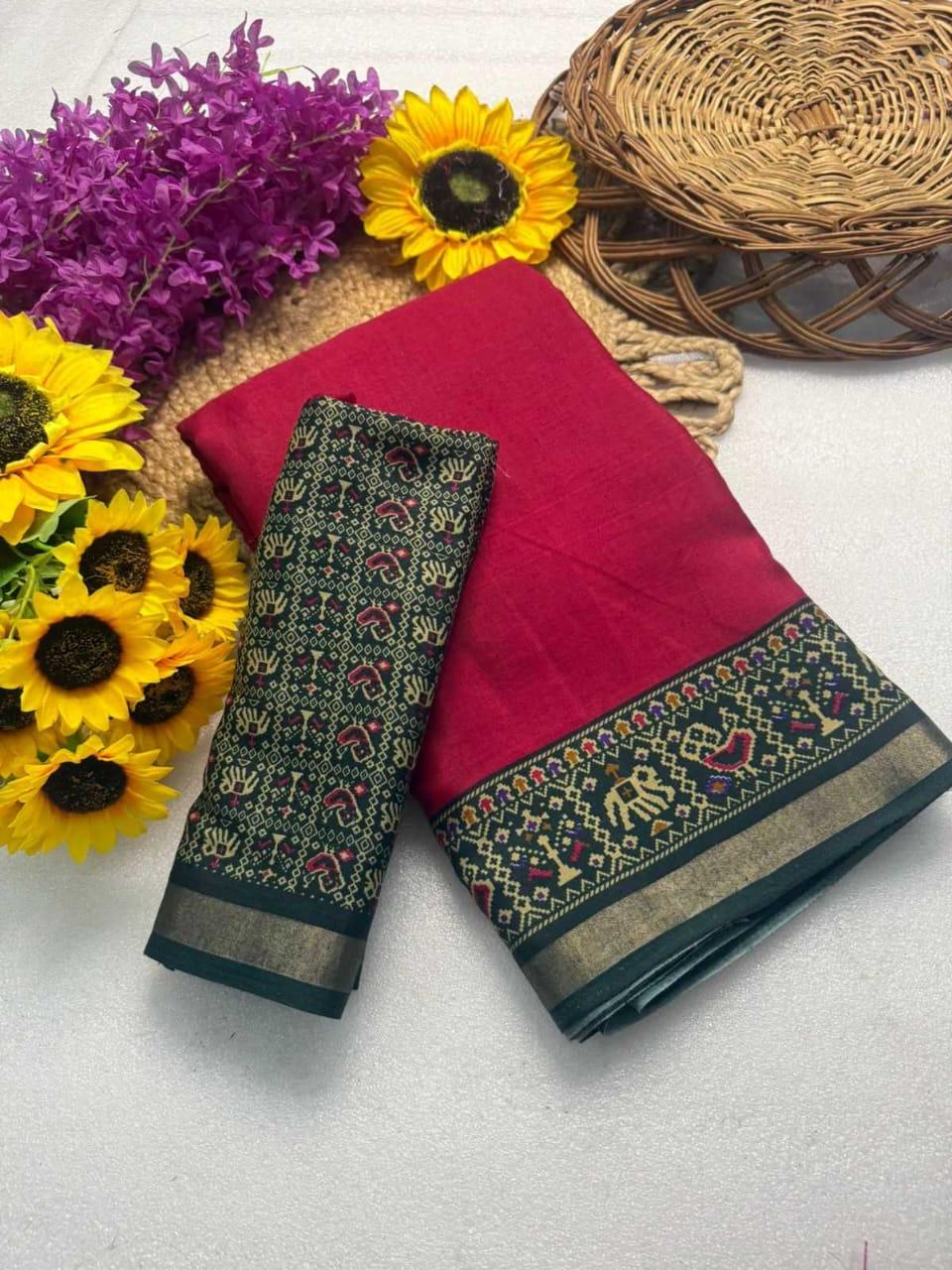Deep Red Cotton Linen Leheriya Saree with Patola & Bandhani Pallu – Mulmul Cotton with Blouse - House of ViDi