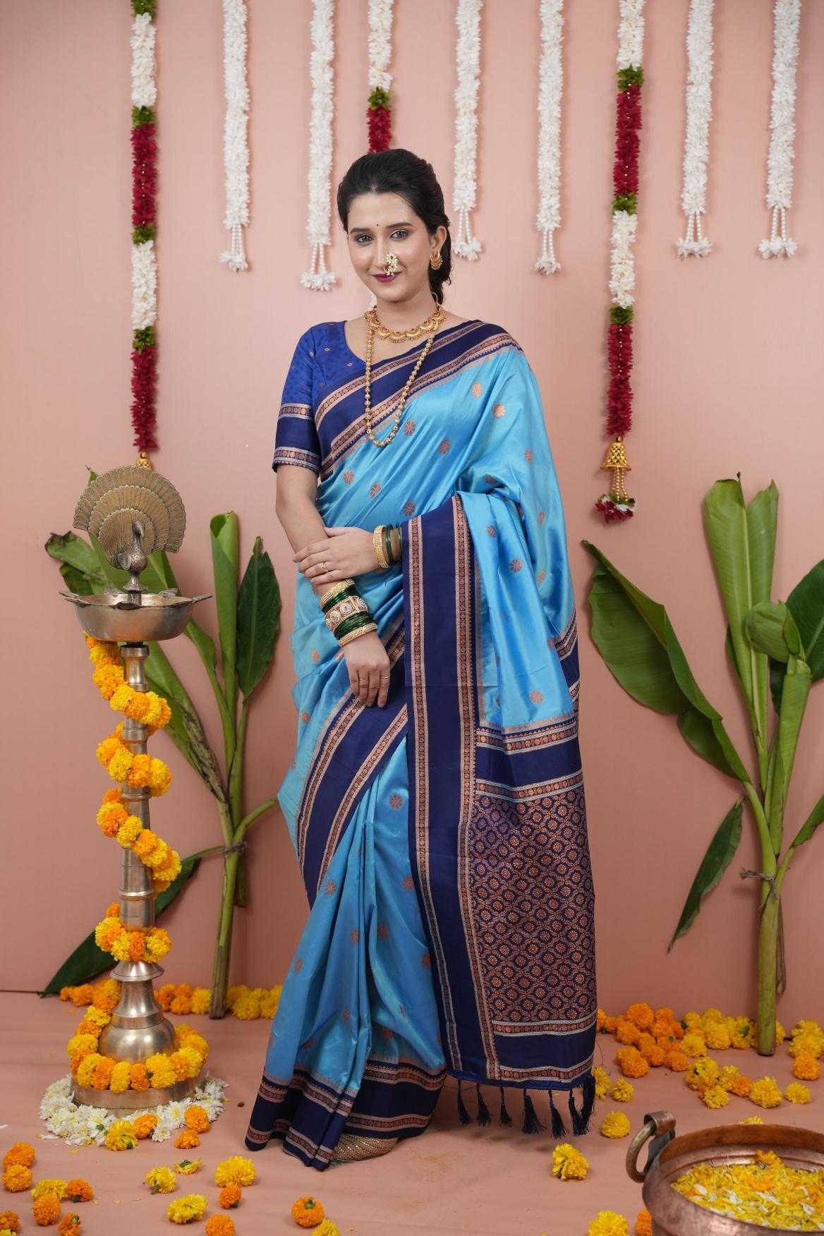 Narayanpet Soft Silk Saree with Zari Motifs & Contrast Pallu – Narayan Border & Contrast Blouse [Sky Blue] - House of ViDi