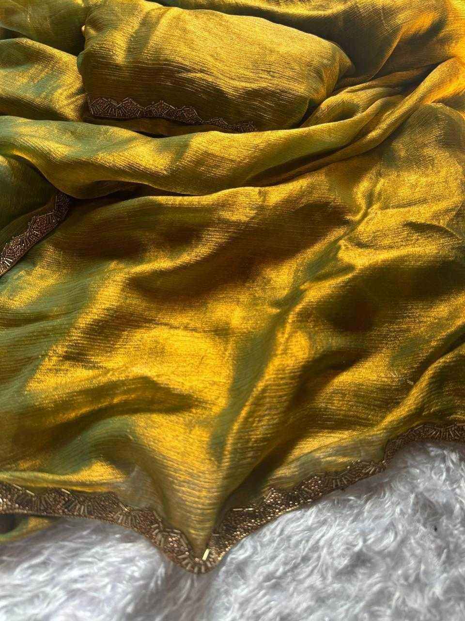 Golden Fendy Satin Handwork Lace Party Wear Saree