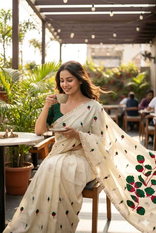 Green Soft Rangoli Silk Embroidered Cutwork Saree with Mirror Work Border