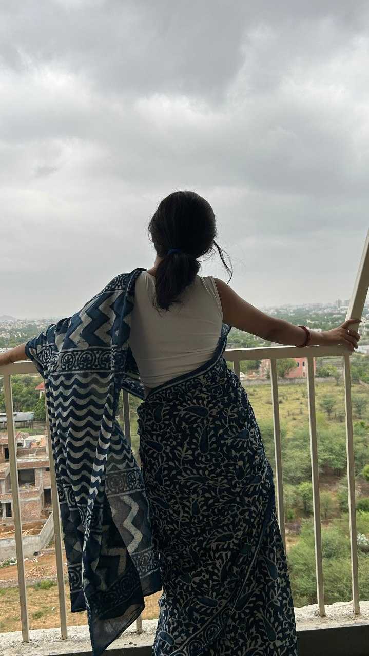 Blue Cotton Ready-to-Wear Printed Saree with Unstitched Blouse | Designer Everyday & Casual Saree