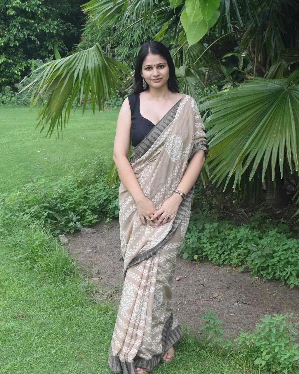 Premium Soft Linen Digital Print Saree with Banglory Satin Blouse [Beige] - House of ViDi