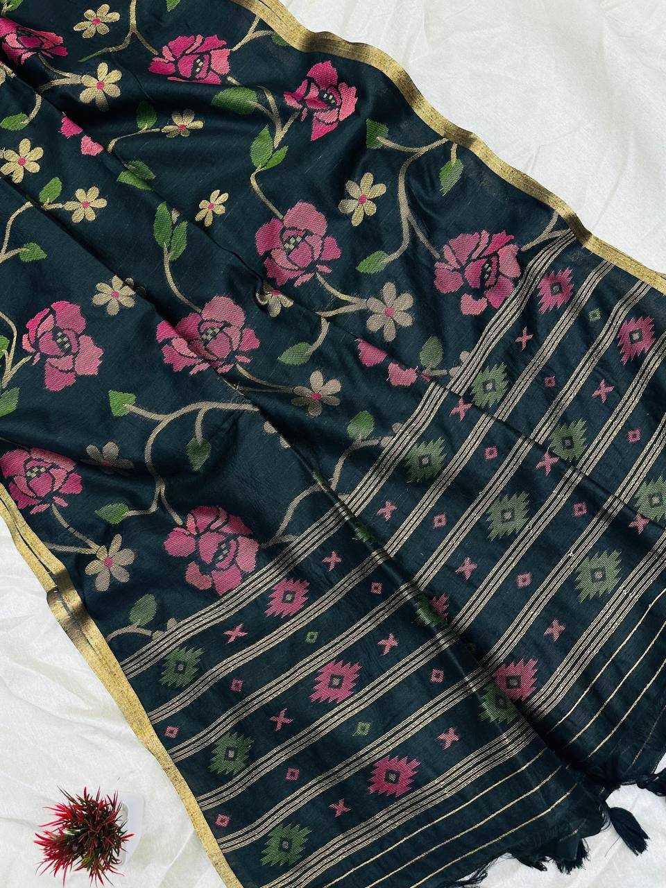 Green Designer Jamdani Style Cotton Party Wear Saree with Elegant Weave - House of ViDi