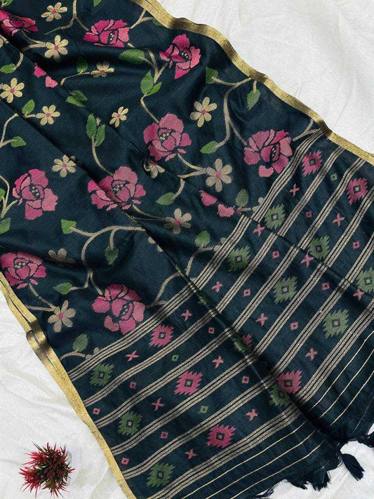 Green Designer Jamdani Style Cotton Party Wear Saree with Elegant Weave - House of ViDi