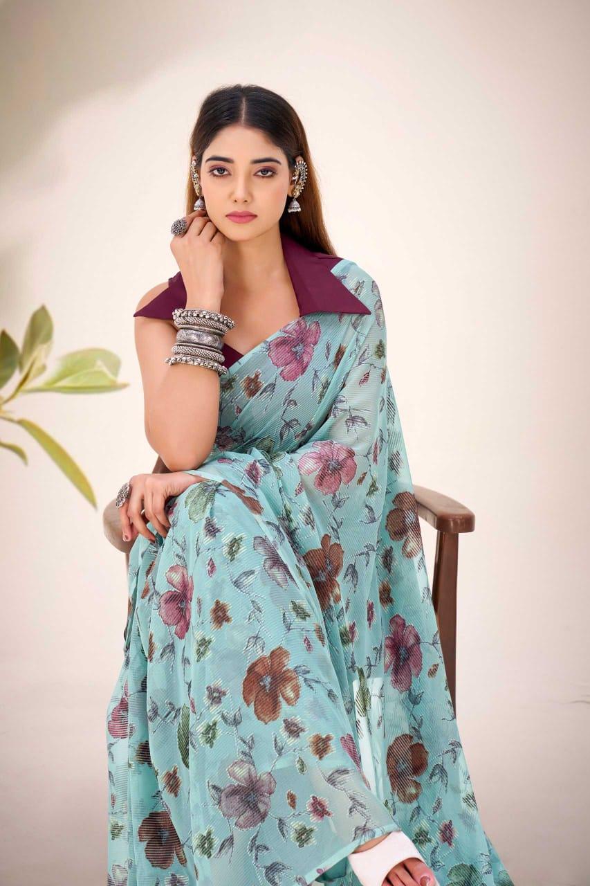 Blue Floral Viscose Brasso Designer Saree with Natural Silk Blouse | Festive Wear | House of ViDi - House of ViDi