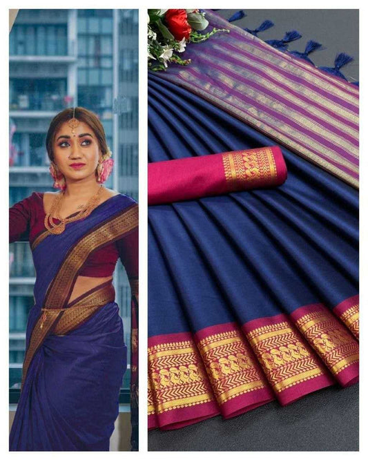 Pure Mercerised Cotton Silk Saree with Zari Border & Contrast Pallu – Ethereal Elegance with Unstitched Blouse [Blue] - House of ViDi