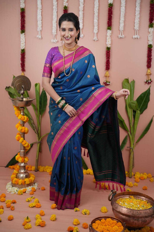 Narayanpet Soft Silk Saree with Zari Motifs & Contrast Pallu – Narayan Border & Contrast Blouse [Peacock Blue] - House of ViDi