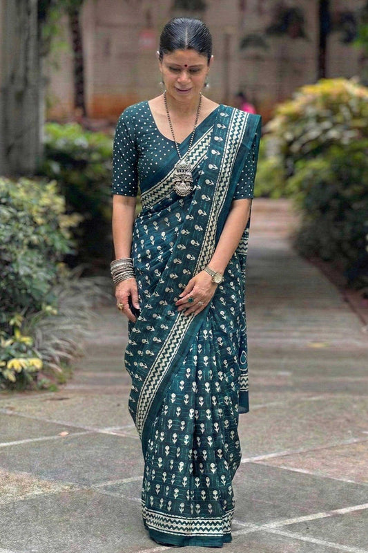 Morpich Pure Cotton Hand Block Printed Bagru Saree with Blouse - House of ViDi