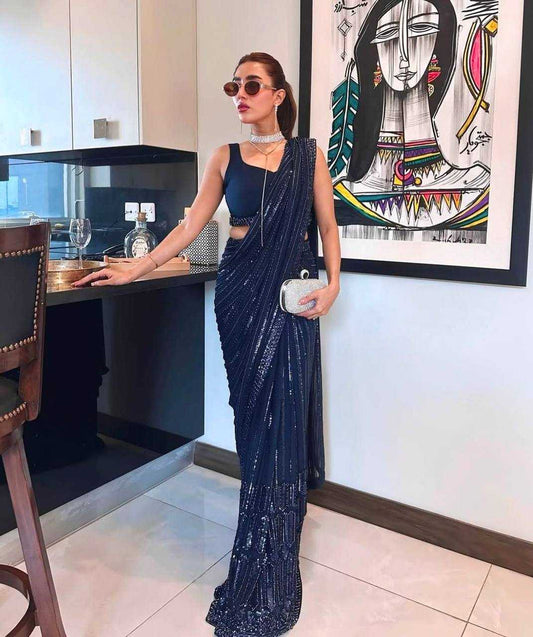 Georgette Saree with Sequins, Thread & Dori Embroidery | Japan Satin Blouse | Festive & Traditional Wear [Navy Blue]