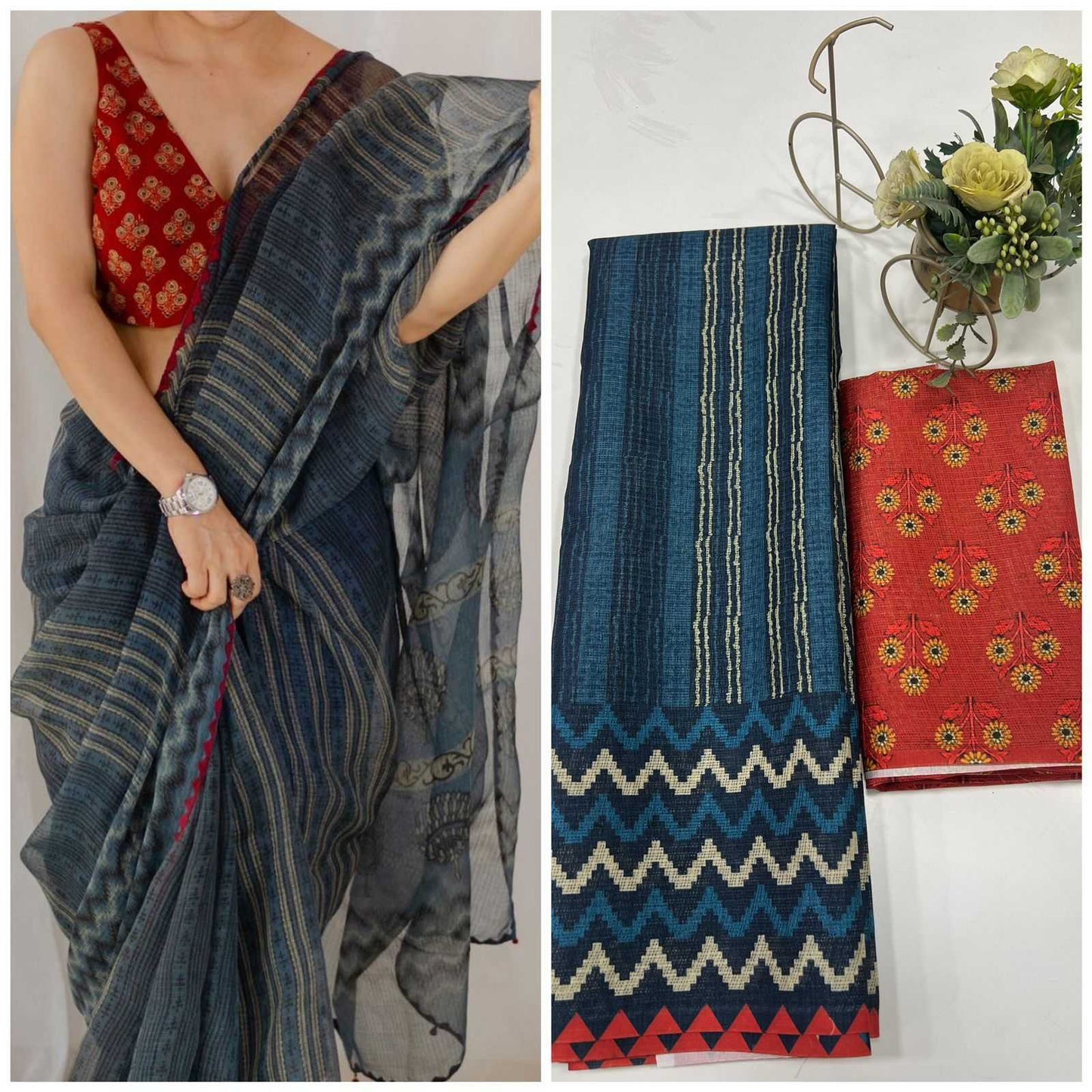 Blue Soft Kota Cotton Printed Saree with Contrast Blouse - House of ViDi