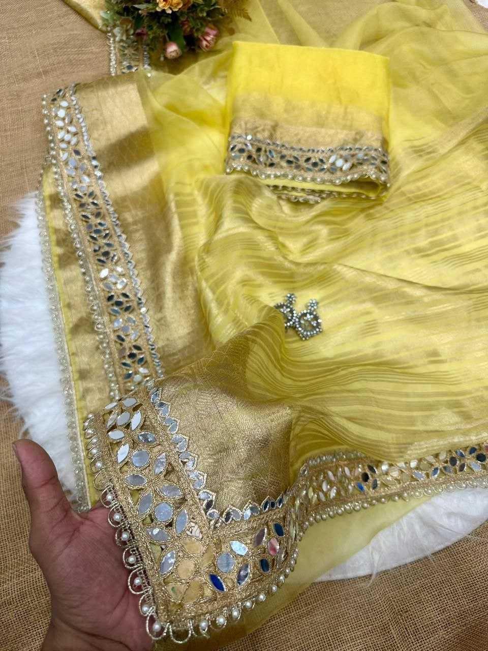 Mustard Yellow Tussar Organza Saree with Mirror Work - House of ViDi