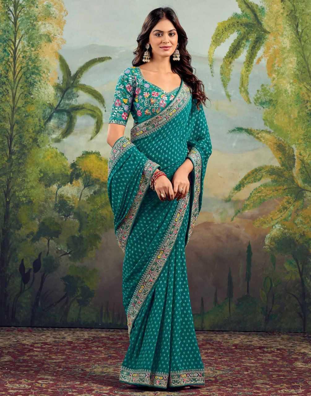 Rama Green Printed Georgette Saree with Embroidery Lace Border & Designer Blouse - House of ViDi