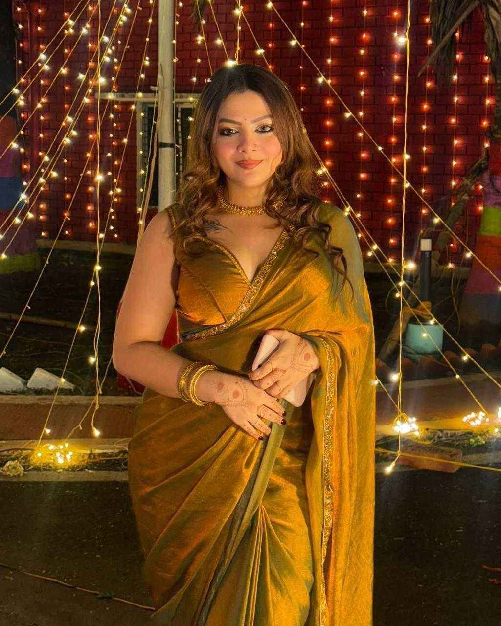 Golden Fendy Satin Handwork Lace Party Wear Saree