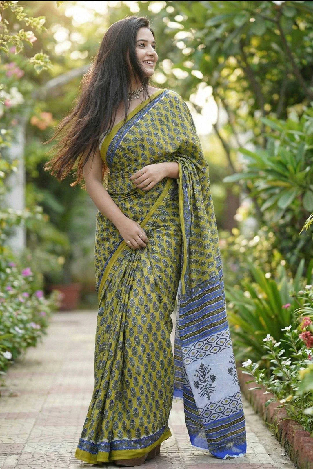 Olive Premium Bagru Block Print Mulmul Cotton Saree with Blouse – Jaipur Ajrakh Handcrafted - House of ViDi