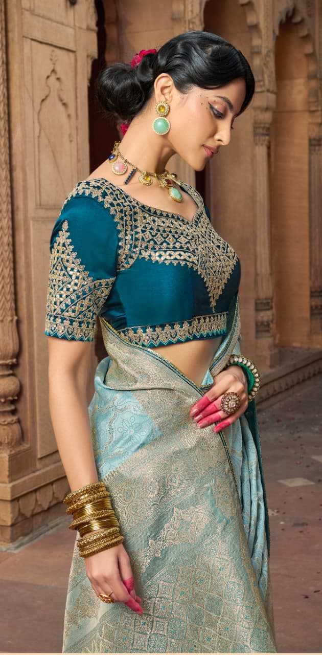 Sky Blue Pure Satin Designer Saree with Lace Border & Heavy Embroidered Contrast Blouse | Party & Traditional Wear