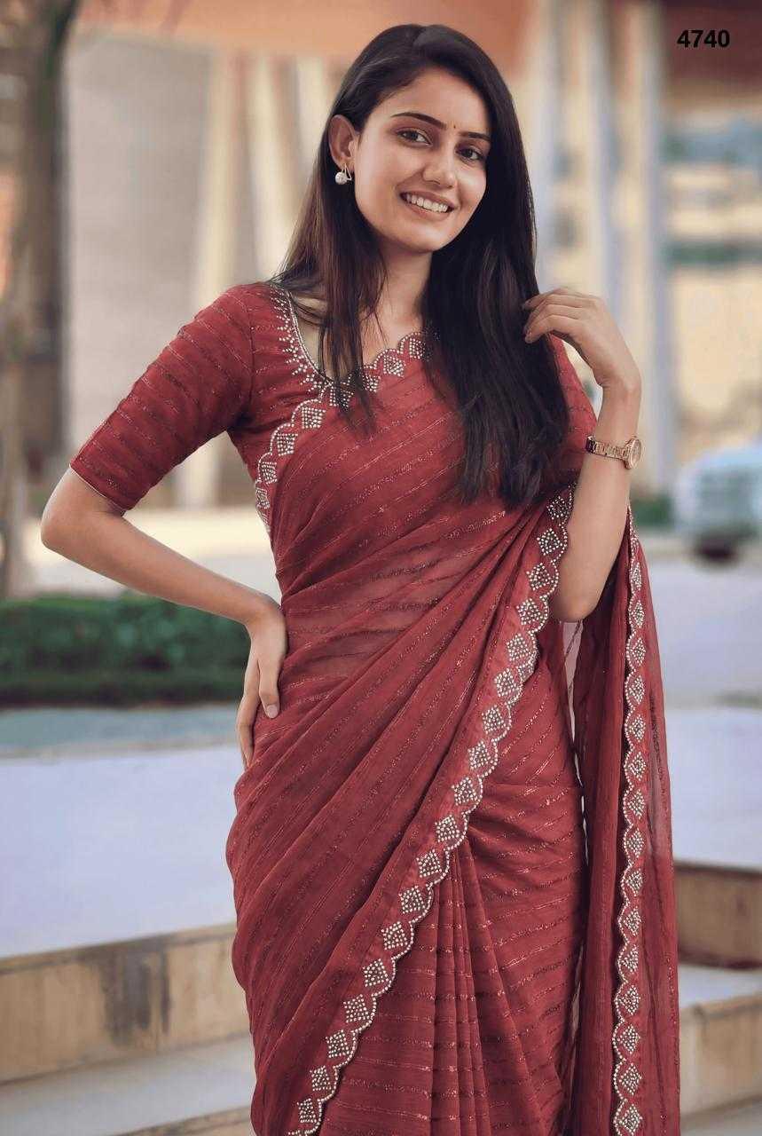 Red Fancy Dull Moss Crochet Work Saree with Cutwork Moti Border - House of ViDi