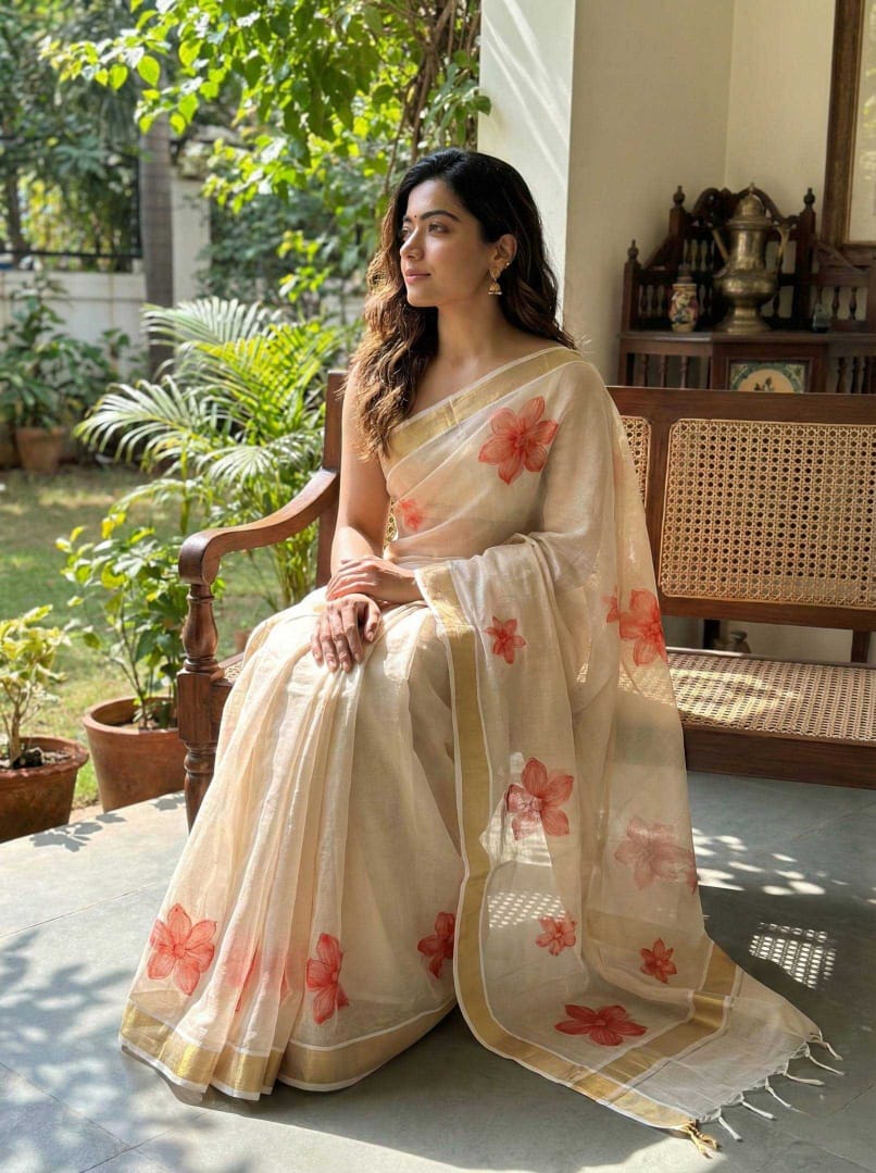 Rashmika Mandanna–Inspired Soft Banarasi Tissue Silk Saree with Zari & Thread Work | Designer Saree with Blouse [Golden Beige]