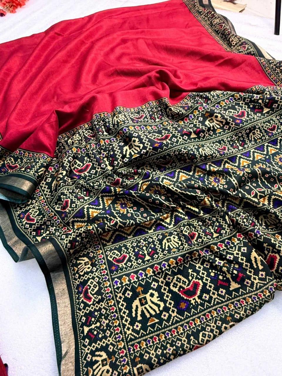 Deep Red Cotton Linen Leheriya Saree with Patola & Bandhani Pallu – Mulmul Cotton with Blouse - House of ViDi
