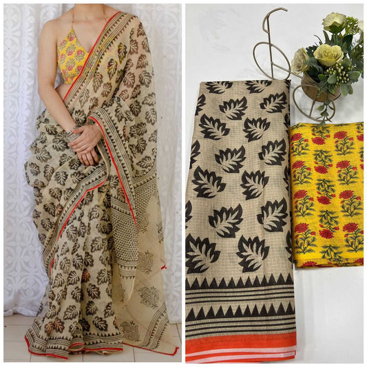 Peach Soft Kota Cotton Printed Saree with Contrast Blouse - House of ViDi
