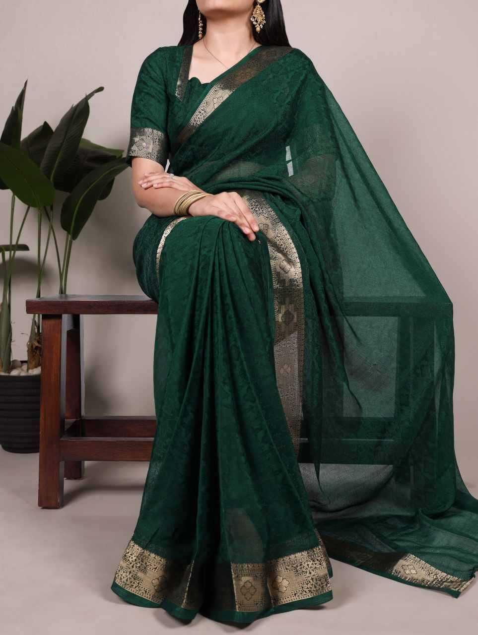 Green Poly Shimmer Saree with Zari Weaving Border & Matching Blouse | Traditional & Festive Wear Saree - House of ViDi
