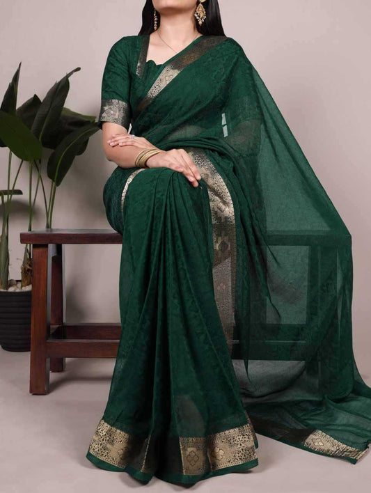 Green Poly Shimmer Saree with Zari Weaving Border & Matching Blouse | Traditional & Festive Wear Saree - House of ViDi