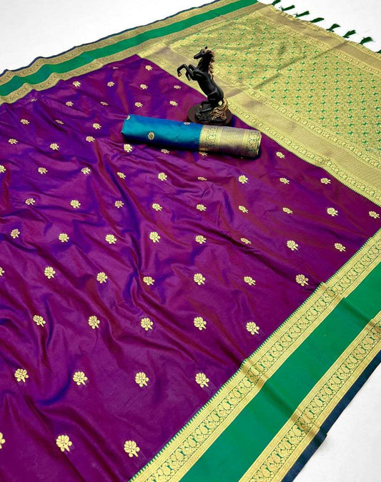Wine Premium Soft Silk Kanjeevaram Saree with Dual Zari Butta, Rich Woven Pallu & Designer Silk Blouse