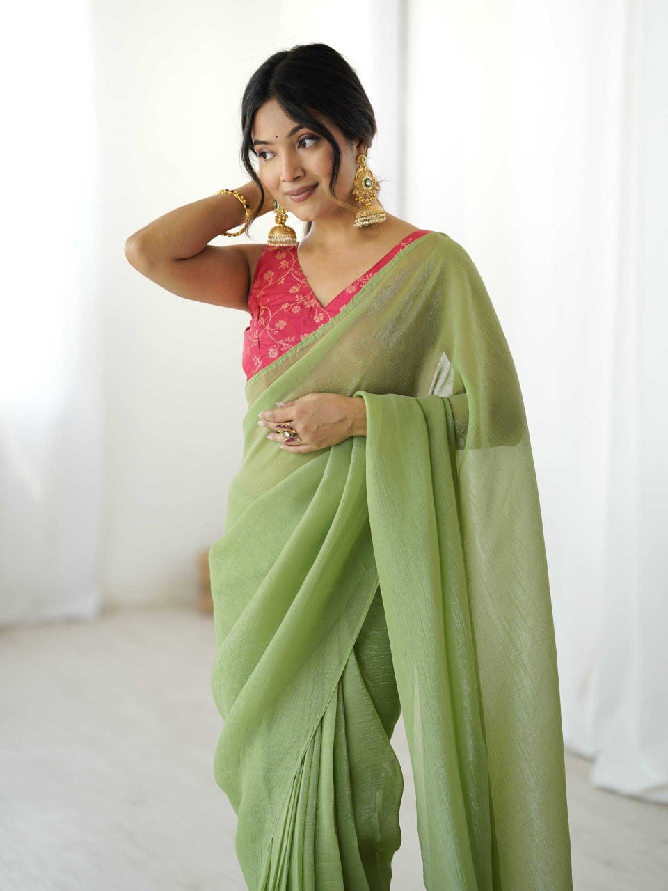Pista Green Sparkle Silk Ready-to-Wear Saree with Banarasi Blouse | House of ViDi