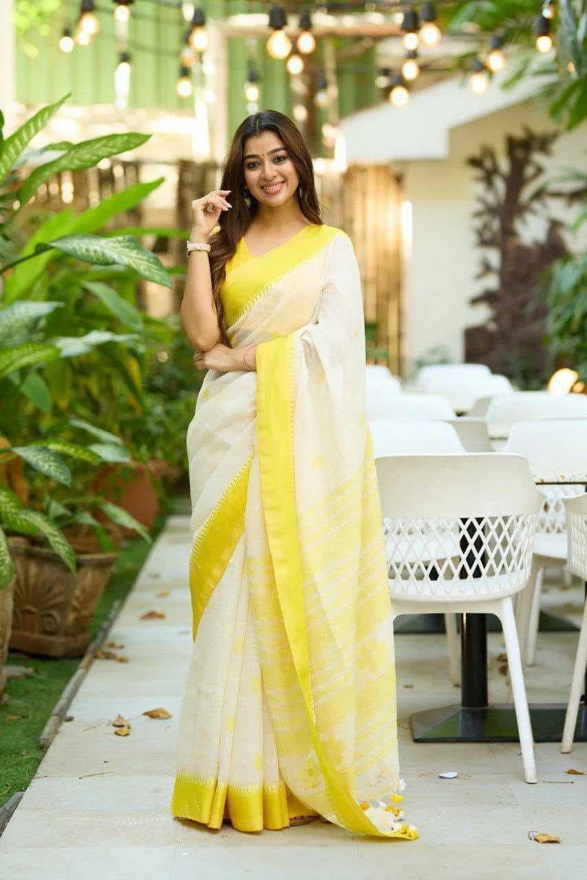 White Premium Linen Cotton Digital Print Saree with Matching Blouse - House of ViDi